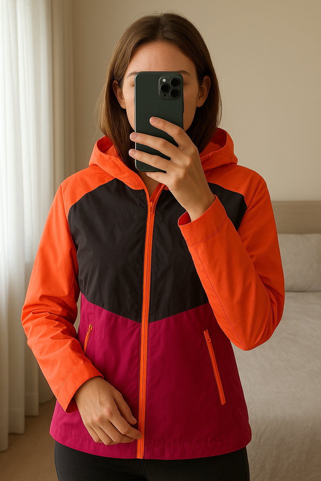 Blouson de ski décathlon 14 ans très bonne état debout, face à la caméra, dans une chambre à la lumière douce, avec une lumière naturelle filtrant par la fenêtre.