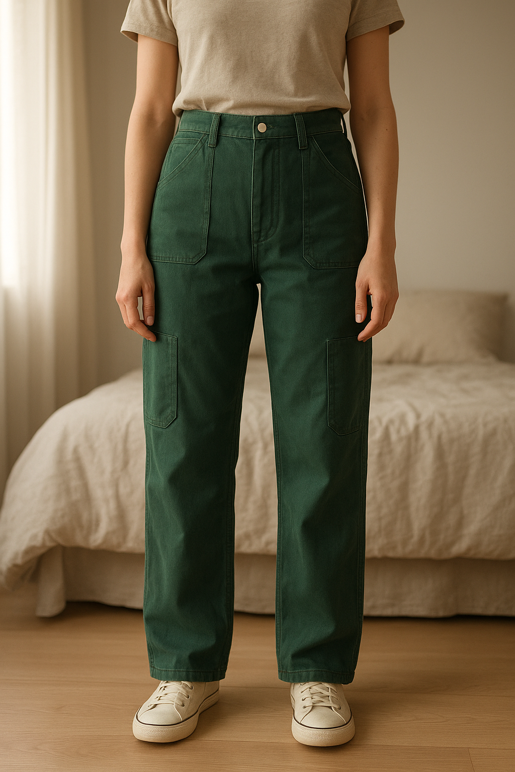 Jean cargo vert sapin h&m taille XS debout, face à la caméra, dans une chambre à la lumière douce, avec une lumière naturelle filtrant par la fenêtre.