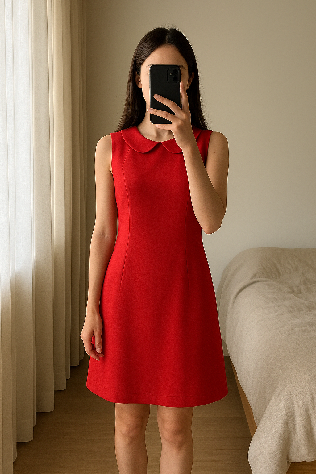 Robe courte style vintage 70s- taille 36&34- tara Jarmon- TBE debout, face à la caméra, dans une chambre à la lumière douce, avec une lumière naturelle filtrant par la fenêtre.