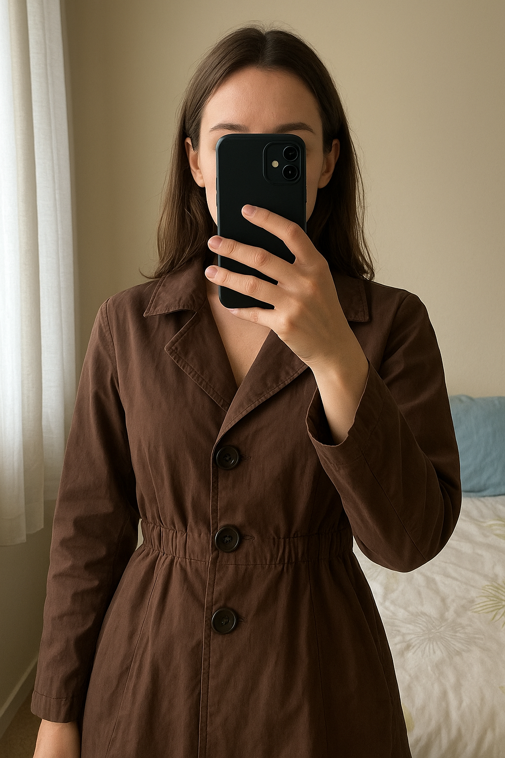 Trench d été Chokolate Taille M prix négociable 👍 debout, face à la caméra, dans une chambre à la lumière douce, avec une lumière naturelle filtrant par la fenêtre.