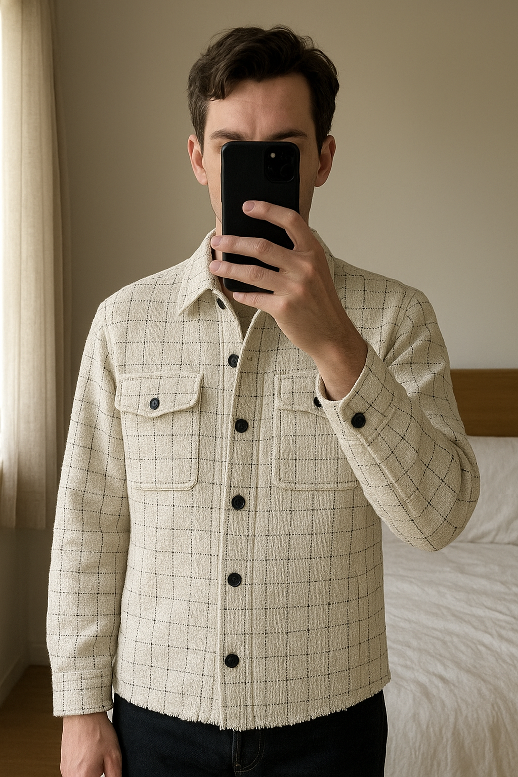 Veste Blanc cassé ZARA M debout, face à la caméra, dans une chambre à la lumière douce, avec une lumière naturelle filtrant par la fenêtre.