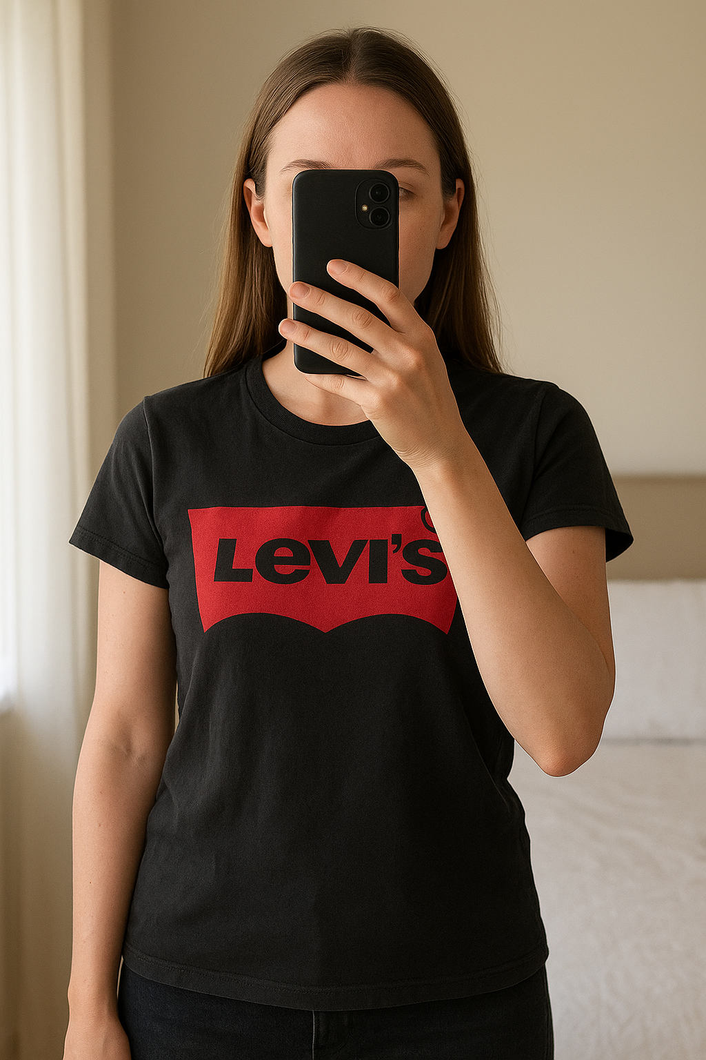 T shirt Levi’s noir taille S debout, face à la caméra, dans une chambre à la lumière douce, avec une lumière naturelle filtrant par la fenêtre.