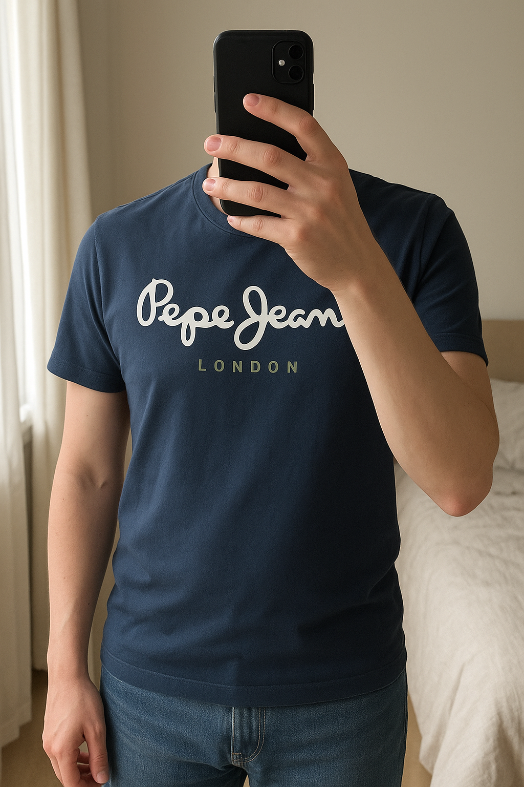 Pepe jeans bleu marine S M debout, face à la caméra, dans une chambre à la lumière douce, avec une lumière naturelle filtrant par la fenêtre.