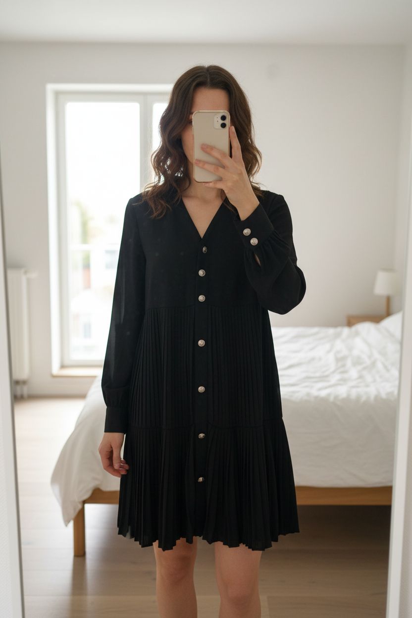 Robe noire Liu Jo taille 38 debout, face à la caméra, dans une chambre à la lumière douce, avec une lumière naturelle filtrant par la fenêtre.