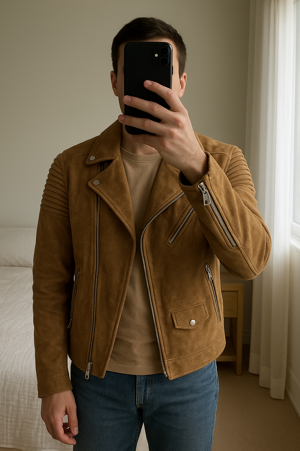 Giacca in Suede Beige Taglia XL - Stile Urbano e Confortevole! in piedi, rivolto verso la fotocamera, in una camera da letto con luce soffusa e luce naturale che filtra dalla finestra.