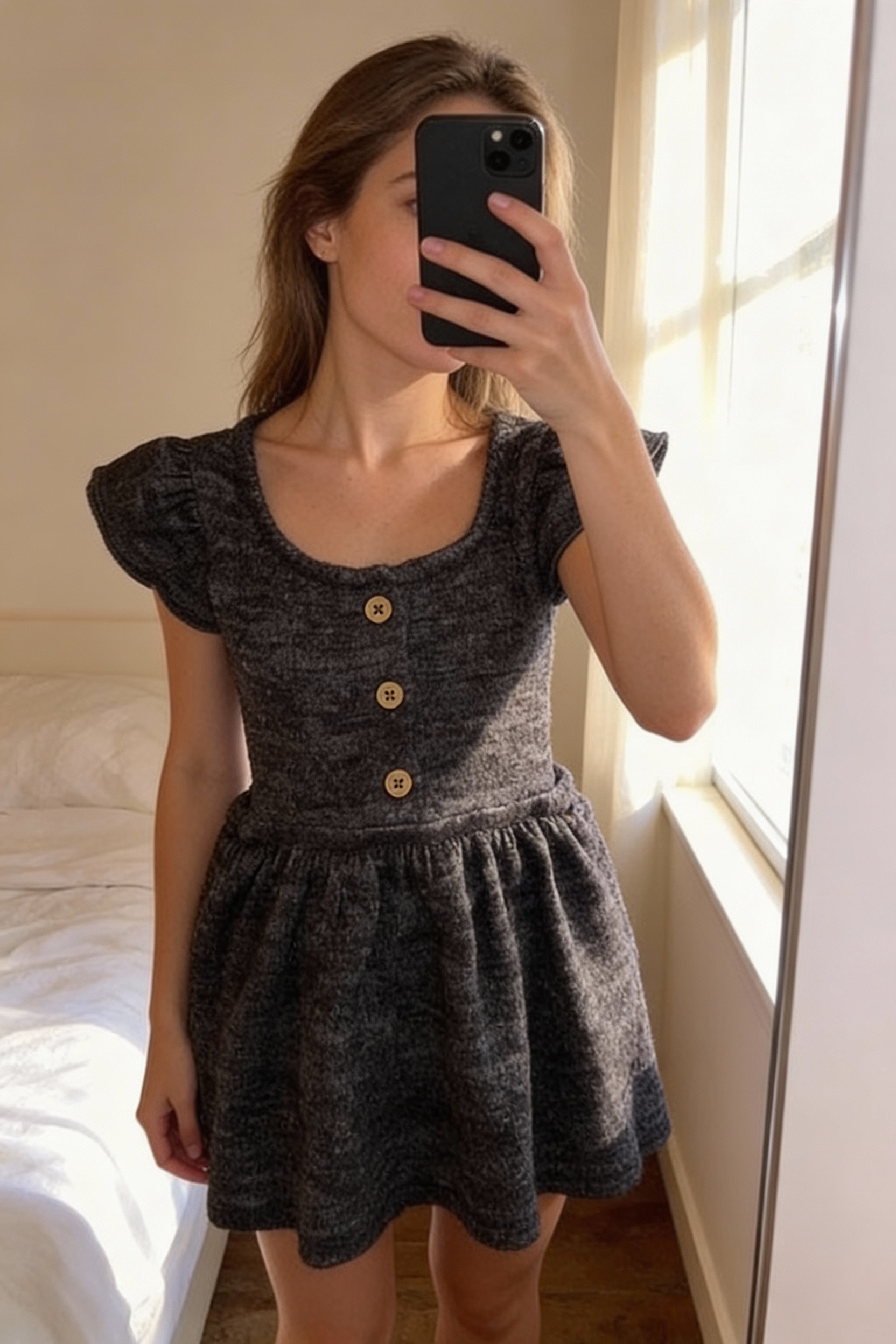 Robe fille 3 mois / Très bon état debout, face à la caméra, dans une chambre à la lumière douce, avec une lumière naturelle filtrant par la fenêtre.