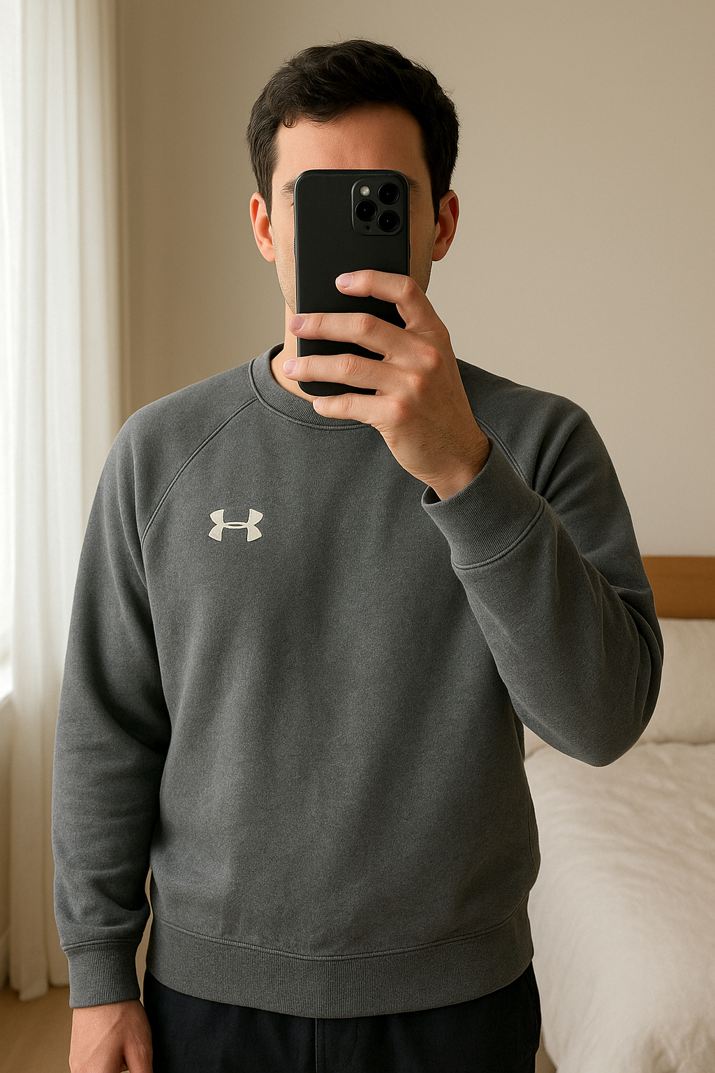 Under Armour Grey Crew Neck Jumper Size M – Loose Fit Sports Jumper standing straight facing the camera, in a softly lit bedroom setting, with gentle natural light filtering through a window.