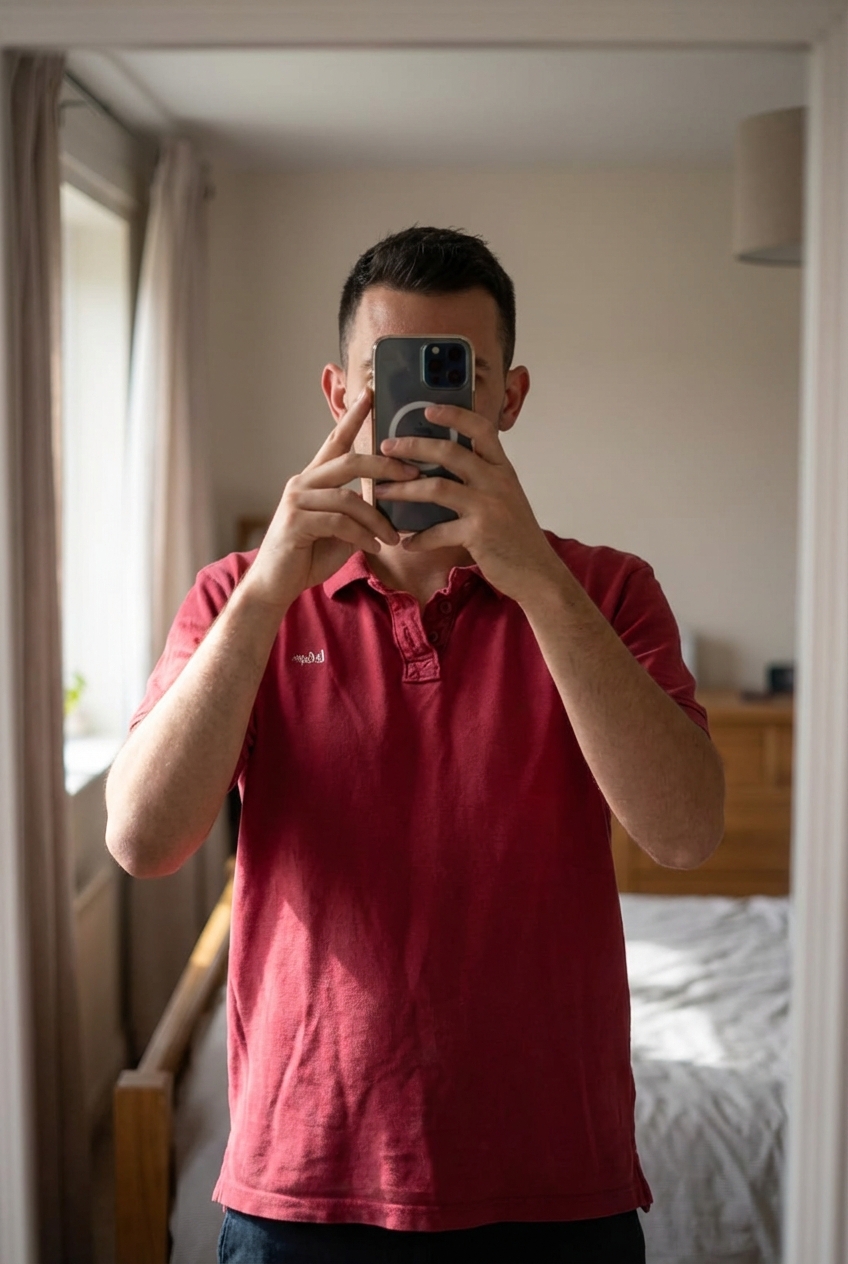 Polo homme lee cooper taille l debout, face à la caméra, dans une chambre à la lumière douce, avec une lumière naturelle filtrant par la fenêtre.