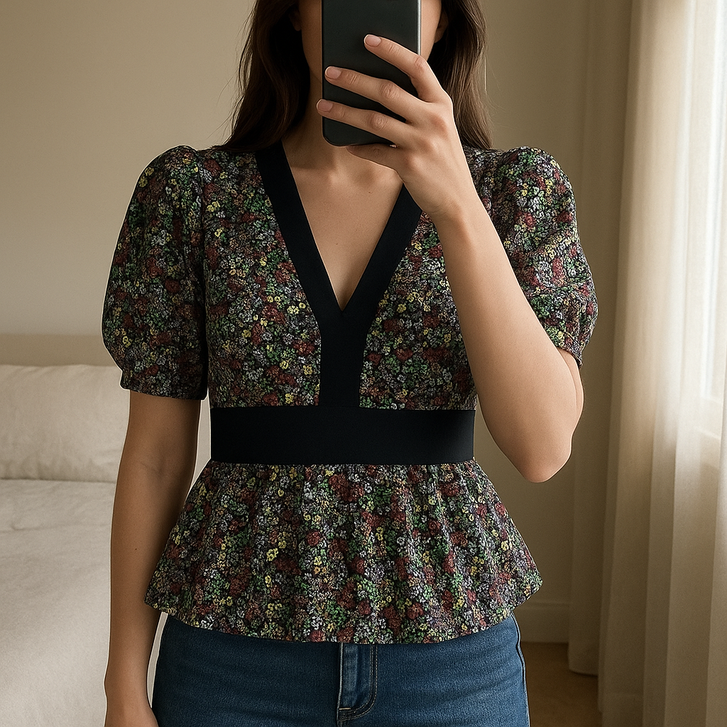 🌸 Ted Baker Peplum Blouse – Size S 🌸 standing straight facing the camera, in a softly lit bedroom setting, with gentle natural light filtering through a window.