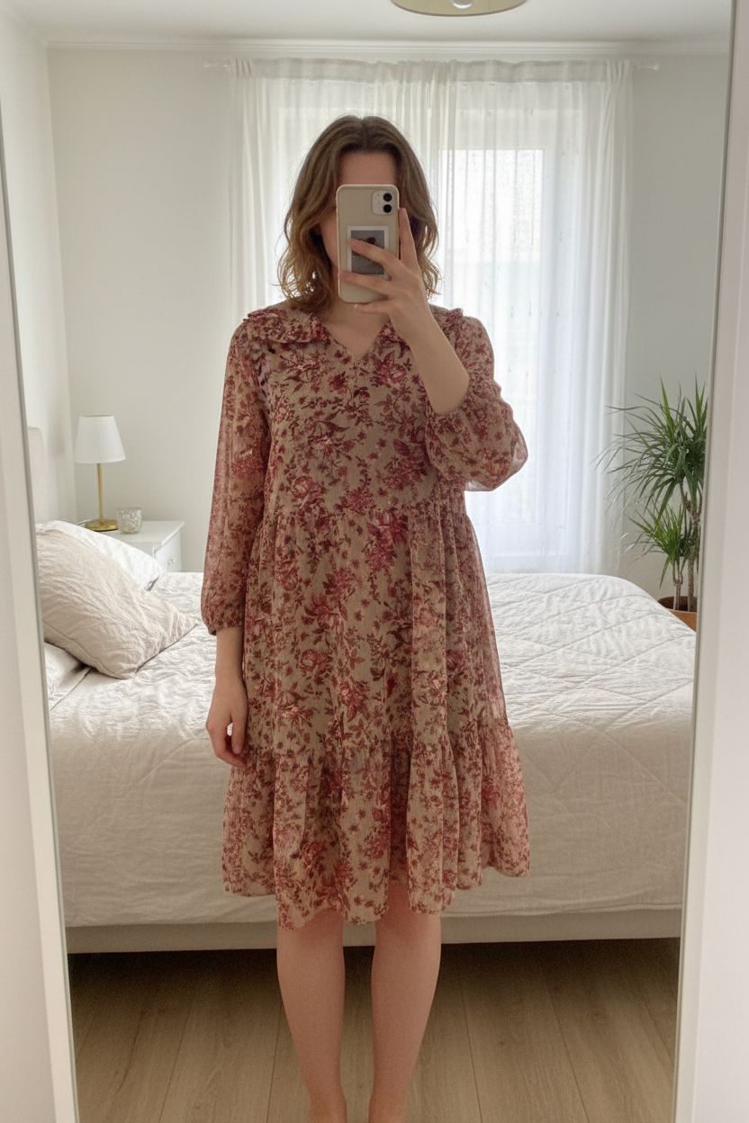 Robe fleur taille 38 femme debout, face à la caméra, dans une chambre à la lumière douce, avec une lumière naturelle filtrant par la fenêtre.