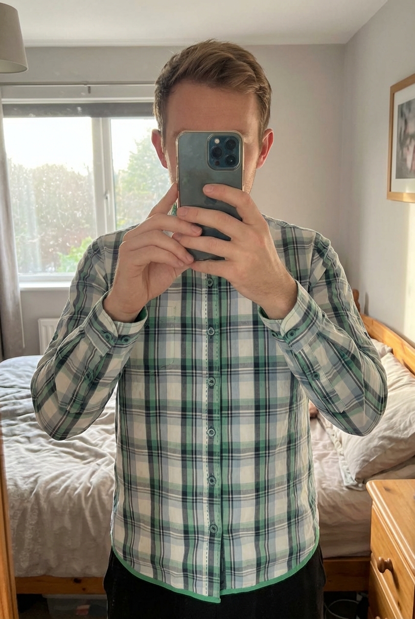 Chemise garçon 8 ans debout, face à la caméra, dans une chambre à la lumière douce, avec une lumière naturelle filtrant par la fenêtre.