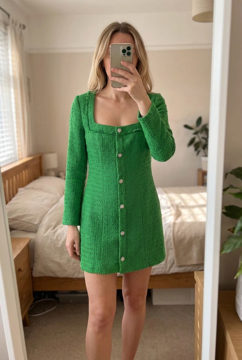 Zara Emerald Green Tweed Mini Dress Crystal Button Detail standing straight facing the camera, in a softly lit bedroom setting, with gentle natural light filtering through a window.