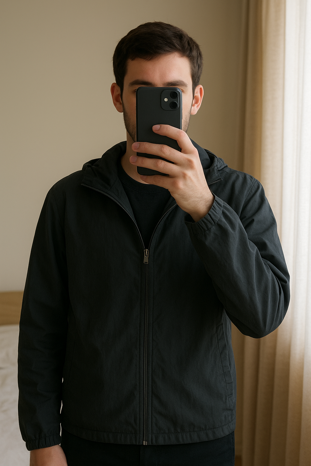 Veste noire enfant UNIQLO debout, face à la caméra, dans une chambre à la lumière douce, avec une lumière naturelle filtrant par la fenêtre.