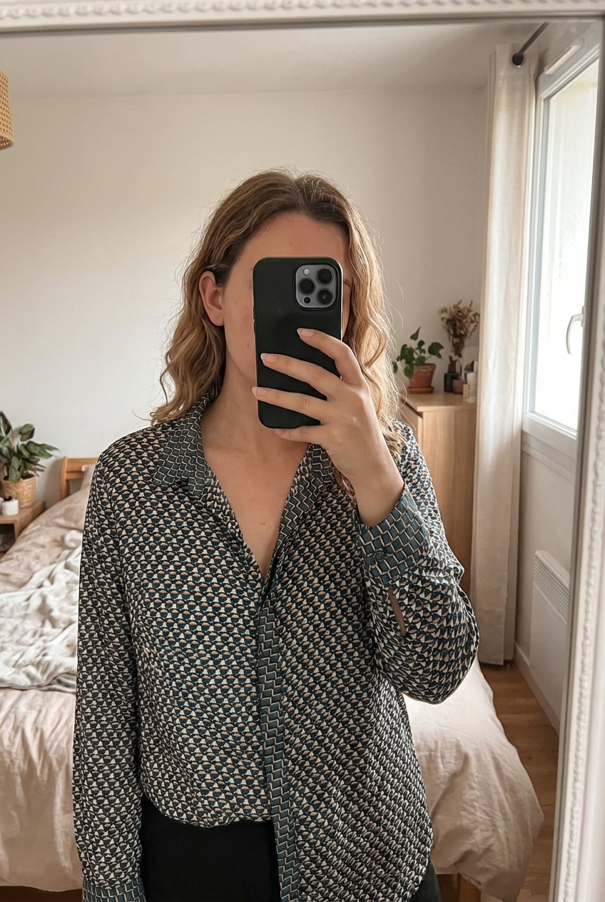 Chemise Zara taille s debout, face à la caméra, dans une chambre à la lumière douce, avec une lumière naturelle filtrant par la fenêtre.