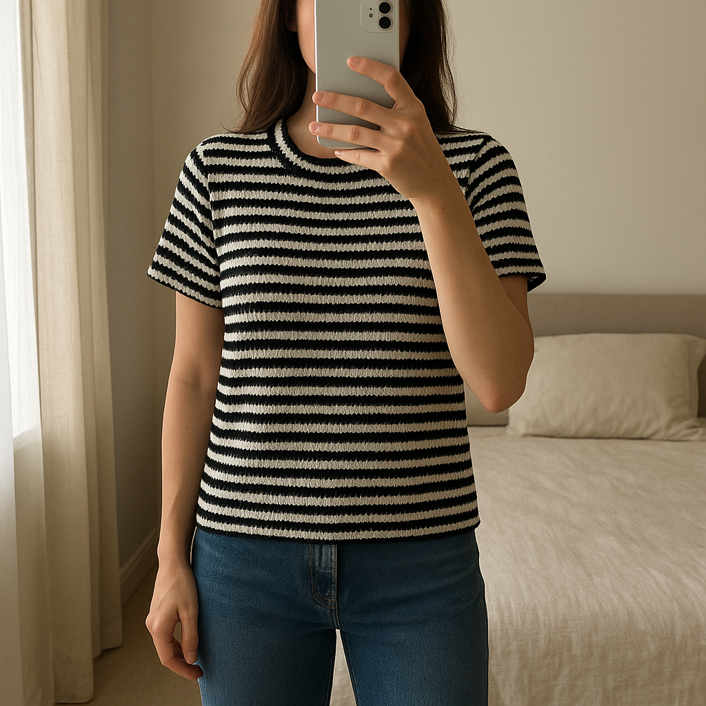 Tee shirt Kiabi Rayé T34 debout, face à la caméra, dans une chambre à la lumière douce, avec une lumière naturelle filtrant par la fenêtre.