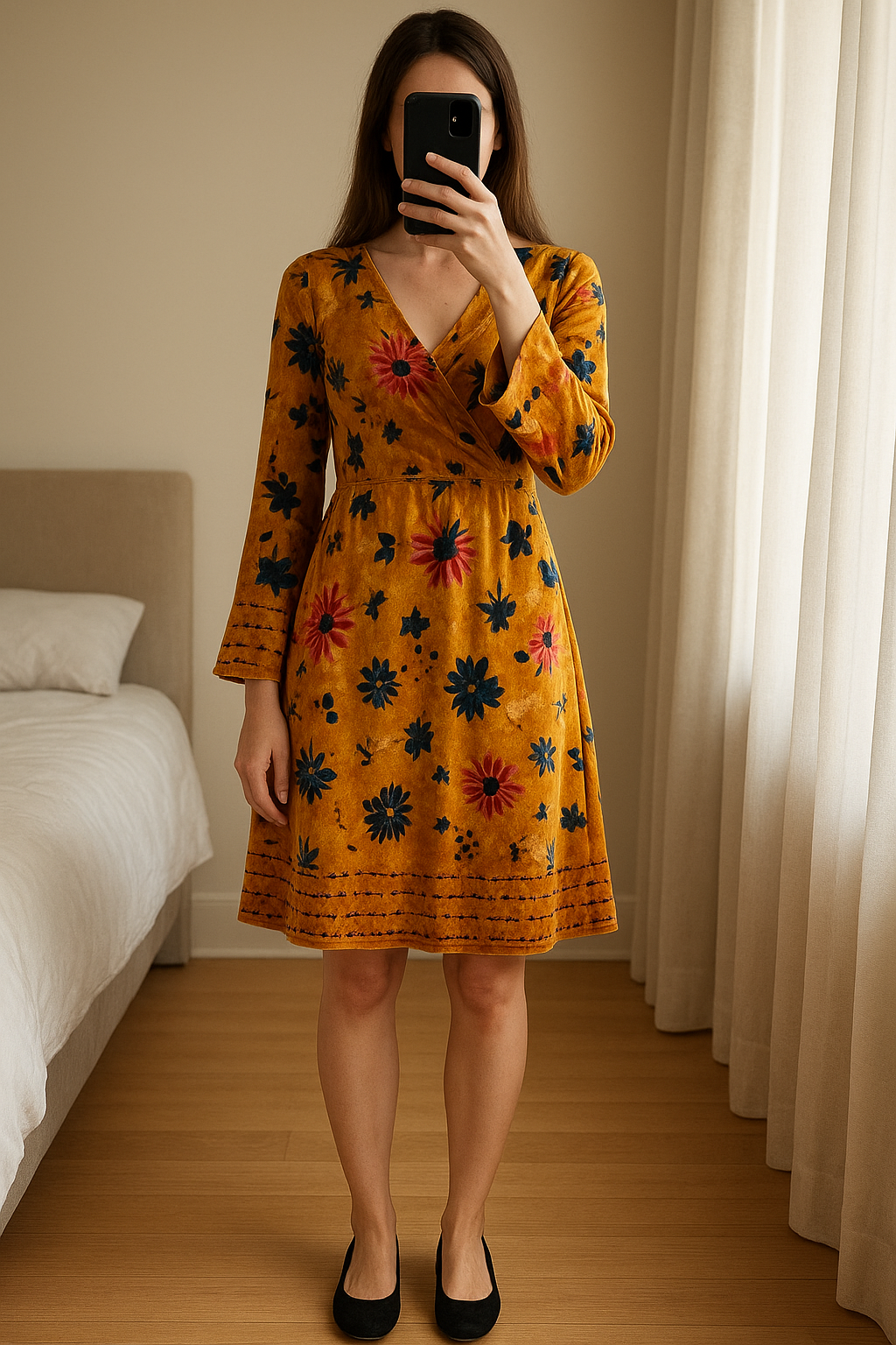 Abito Benetton invernale vellutato con maniche tre quarti in piedi, rivolto verso la fotocamera, in una camera da letto con luce soffusa e luce naturale che filtra dalla finestra.