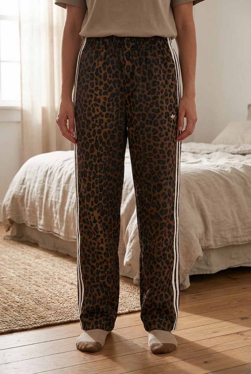 Pantalon large leopard adidas debout, face à la caméra, dans une chambre à la lumière douce, avec une lumière naturelle filtrant par la fenêtre.