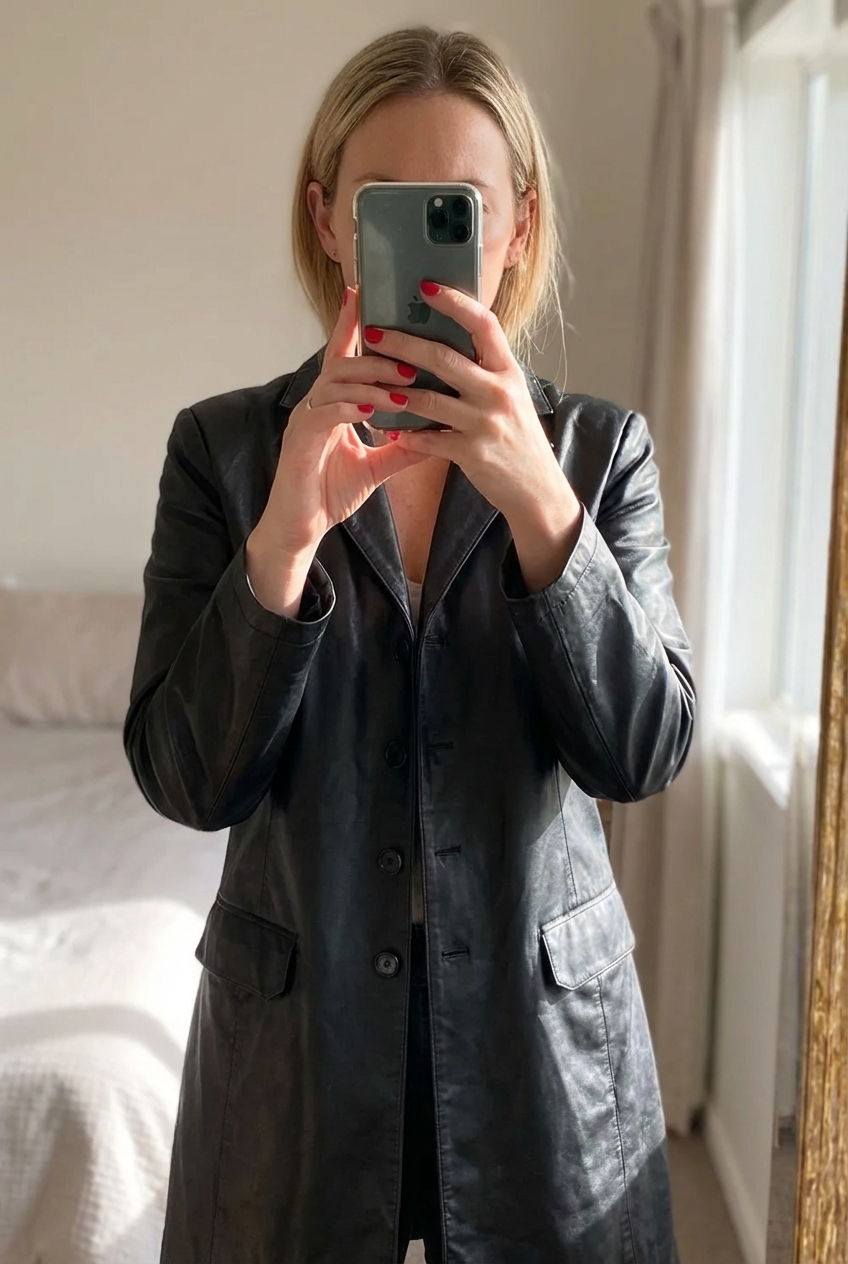 Cappotto in Ecopelle Nero da donna - Taglia 40 in piedi, rivolto verso la fotocamera, in una camera da letto con luce soffusa e luce naturale che filtra dalla finestra.