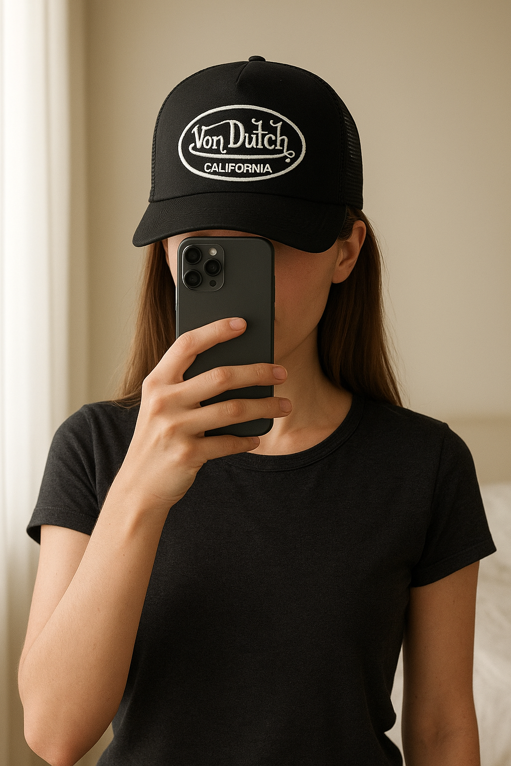 Casquette Von Dutch debout, face à la caméra, dans une chambre à la lumière douce, avec une lumière naturelle filtrant par la fenêtre.