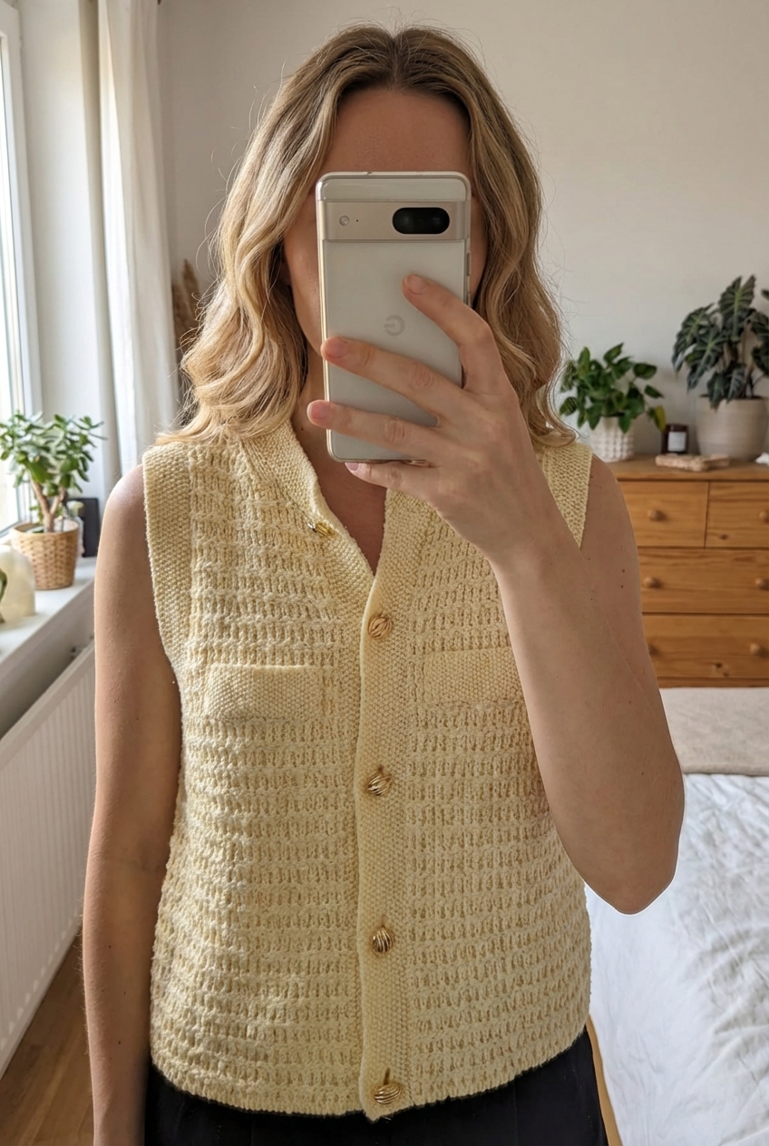 Gilet en maille Mango jaune pâle debout, face à la caméra, dans une chambre à la lumière douce, avec une lumière naturelle filtrant par la fenêtre.