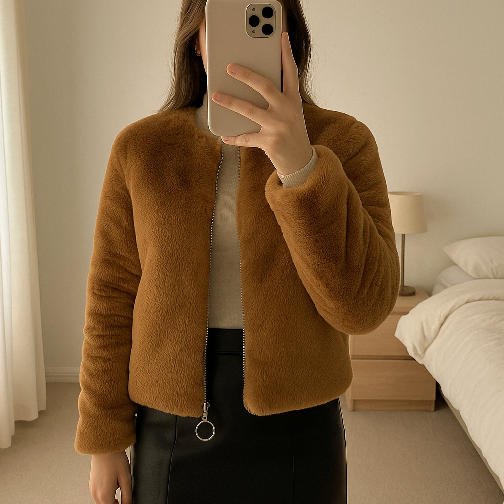 Veste /Blouson en Fausse Fourrure Marron - T34/XS - Parfait État debout, face à la caméra, dans une chambre à la lumière douce, avec une lumière naturelle filtrant par la fenêtre.