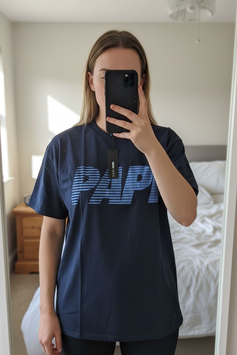 T-shirt bleu marine col rond manches courtes – imprimé unique debout, face à la caméra, dans une chambre à la lumière douce, avec une lumière naturelle filtrant par la fenêtre.