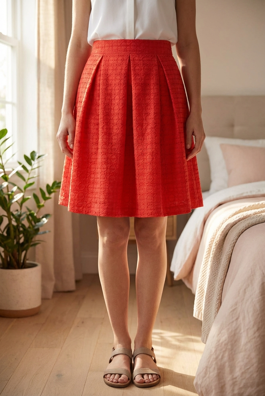 Jupe naf naf debout, face à la caméra, dans une chambre à la lumière douce, avec une lumière naturelle filtrant par la fenêtre.