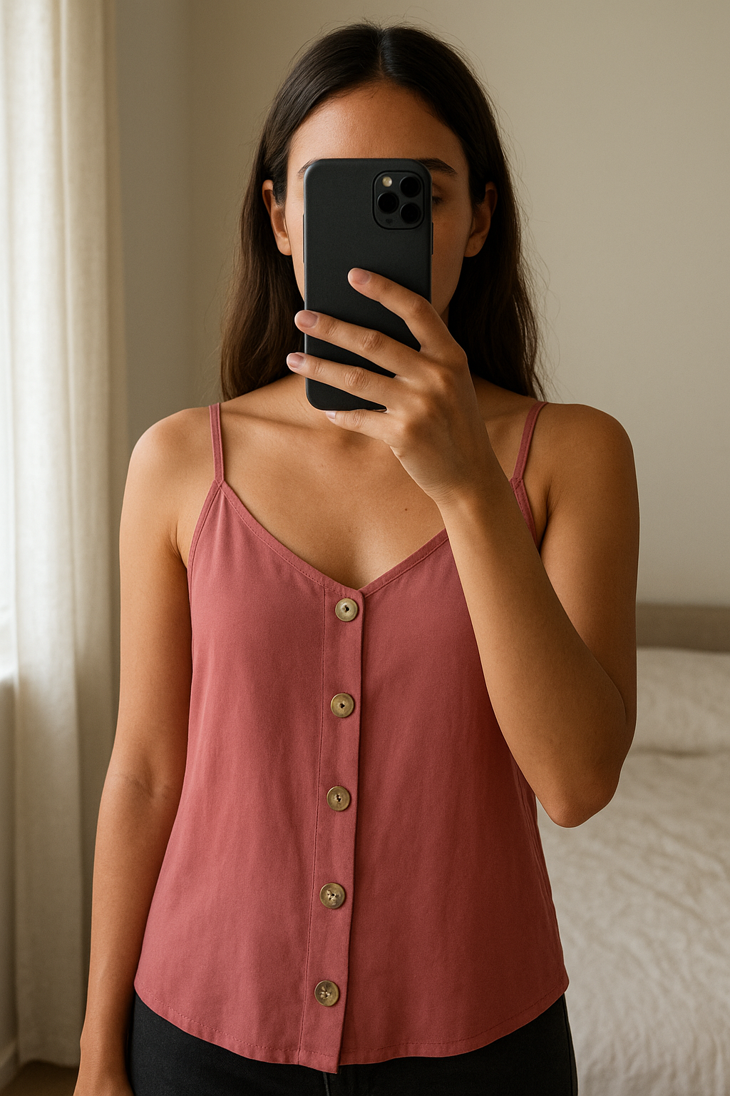 A person in Pink buttoned front cami top standing straight facing the camera, with a slim body type, in a softly lit bedroom setting, with gentle natural light filtering through a window.