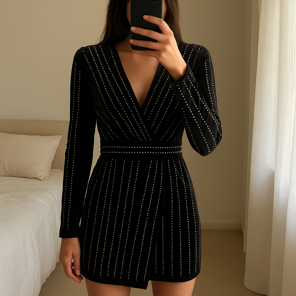 Robe fête Bonbon T.38 debout, face à la caméra, dans une chambre à la lumière douce, avec une lumière naturelle filtrant par la fenêtre.