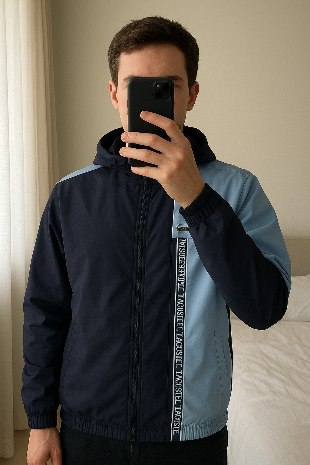 🧥 Lacoste Veste de tennis zippée Taille 46 FR debout, face à la caméra, dans une chambre à la lumière douce, avec une lumière naturelle filtrant par la fenêtre.