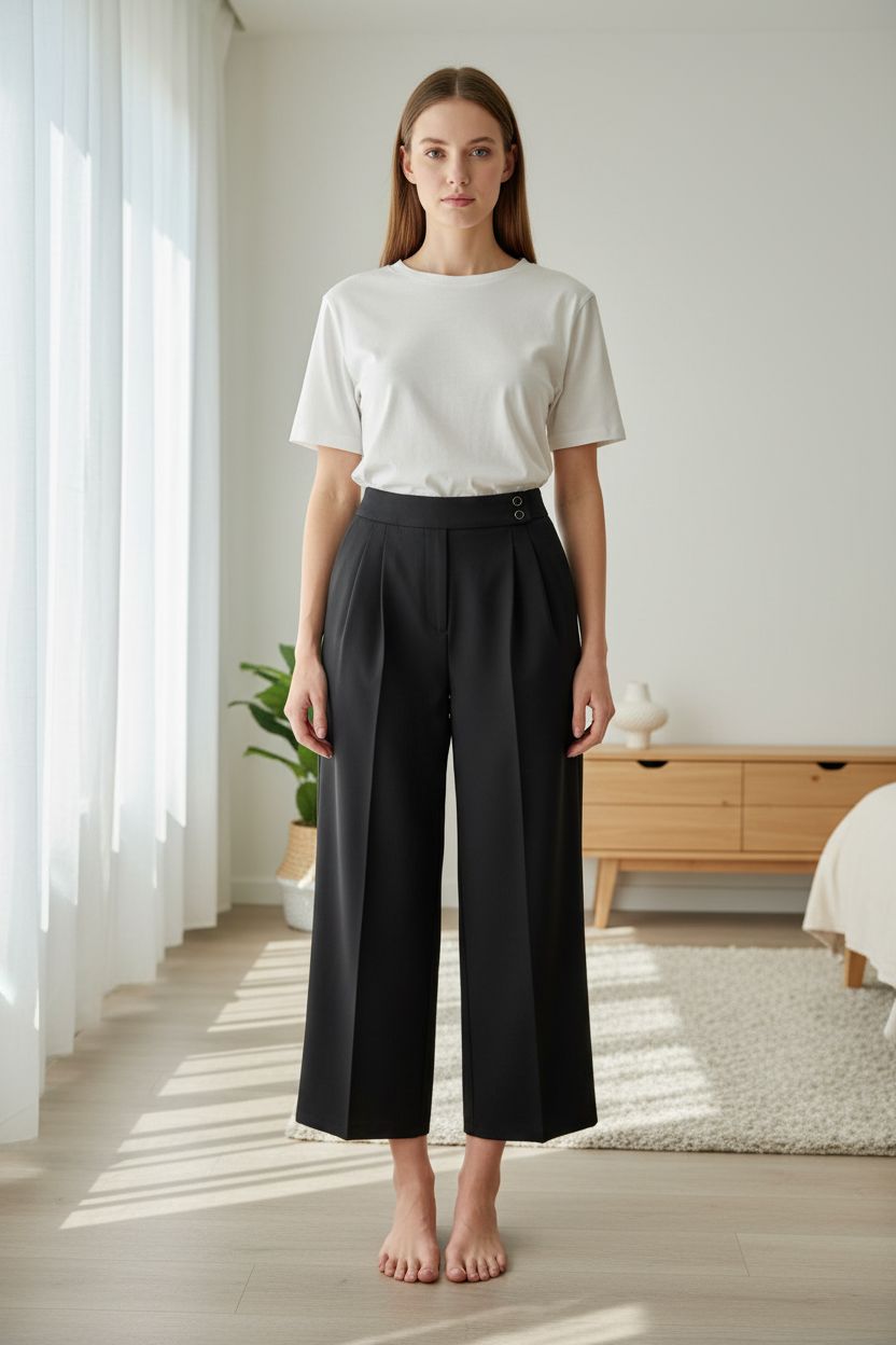 Pantalon tailleur noir debout, face à la caméra, dans une chambre à la lumière douce, avec une lumière naturelle filtrant par la fenêtre.