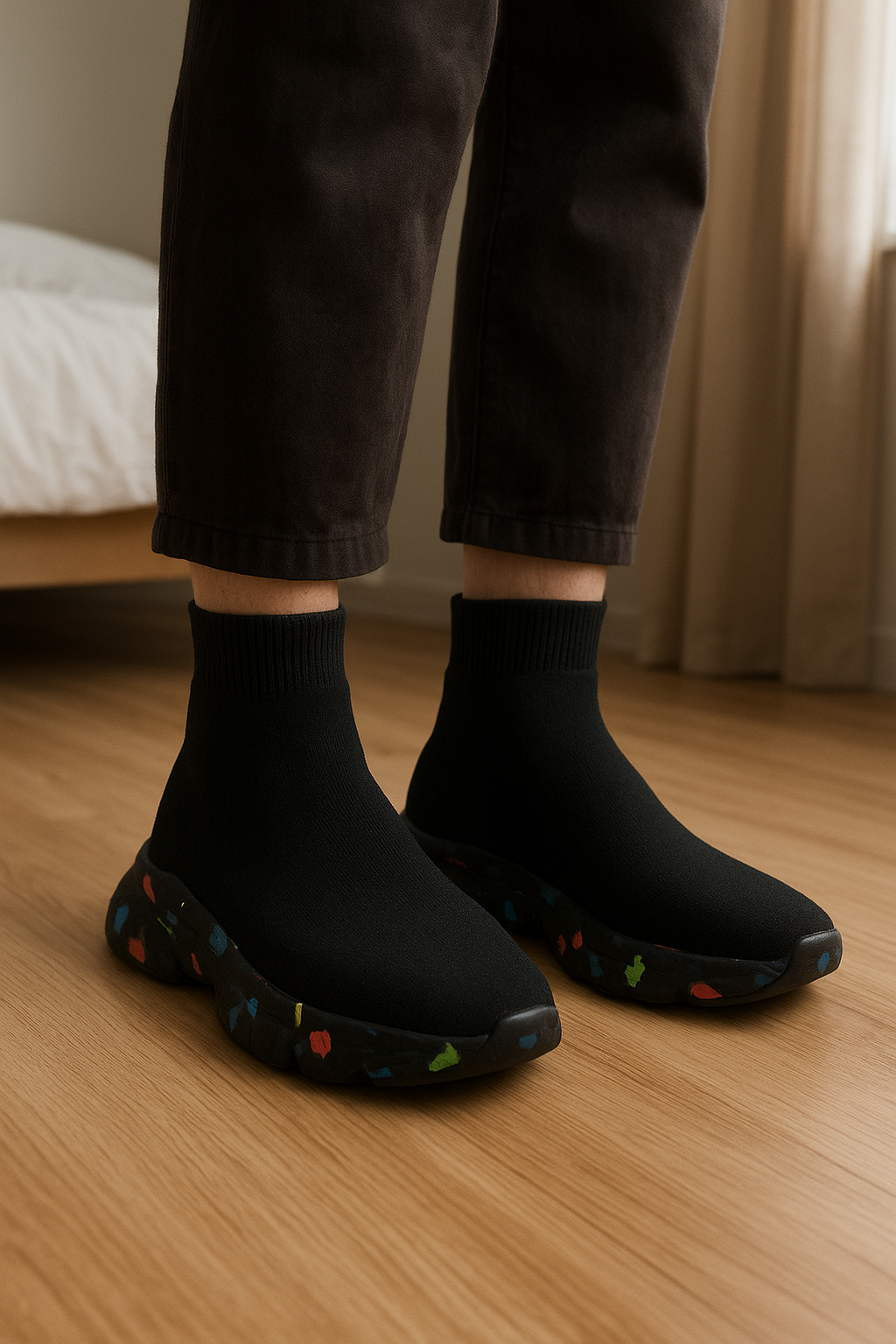 Chaussures Shein debout, face à la caméra, dans une chambre à la lumière douce, avec une lumière naturelle filtrant par la fenêtre.