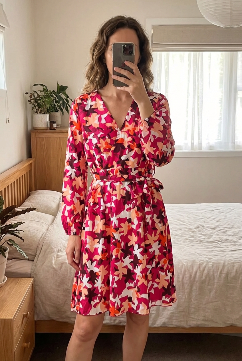 Une personne en Robe portefeuille à fleurs Lilie Rose, neuve avec étiquette - Taille S/M debout, face à la caméra, avec une silhouette fine, dans une chambre à la lumière douce, avec une lumière naturelle filtrant par la fenêtre.