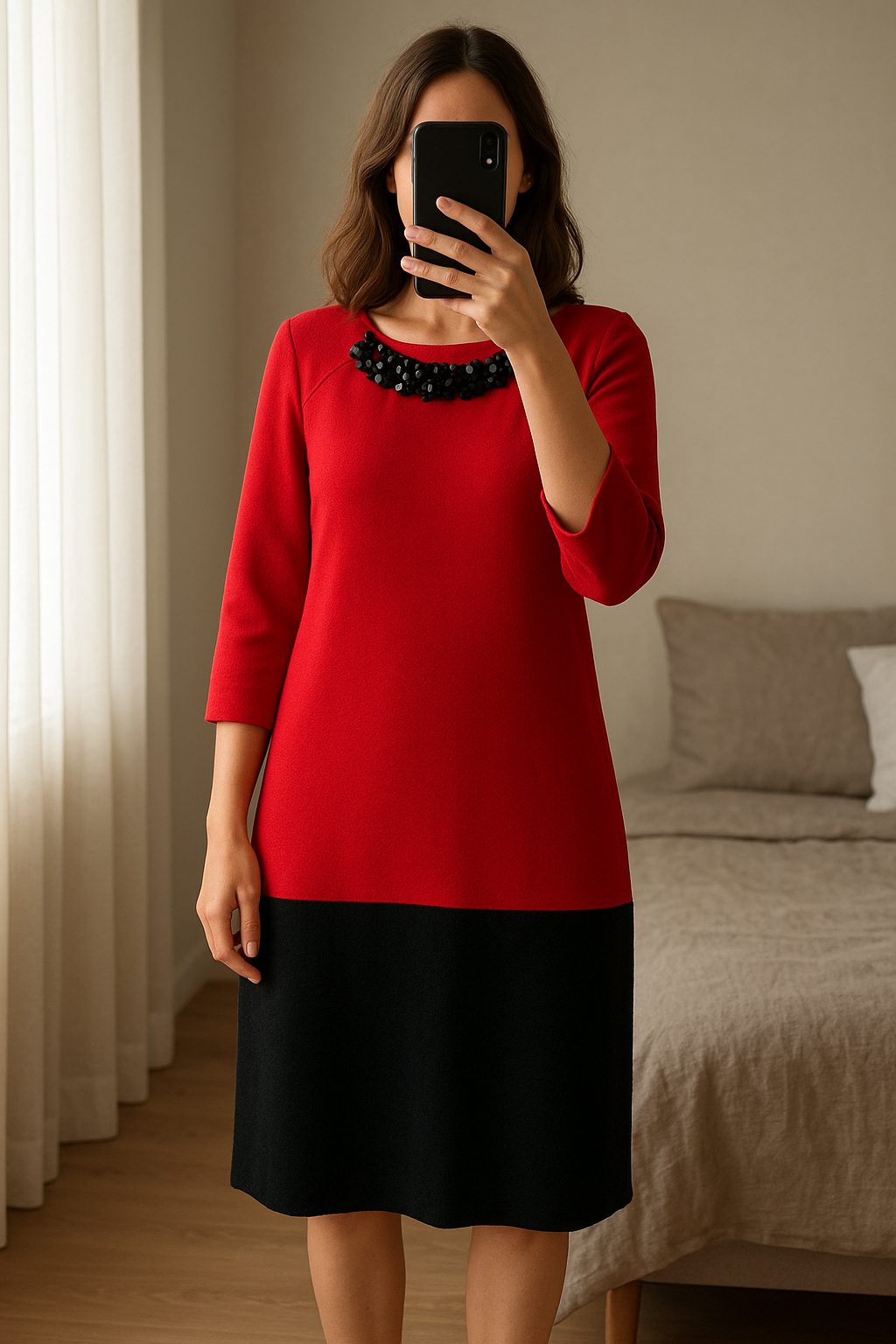 Size 16 black and red evening dress in embellished neck line standing straight facing the camera, in a softly lit bedroom setting, with gentle natural light filtering through a window.