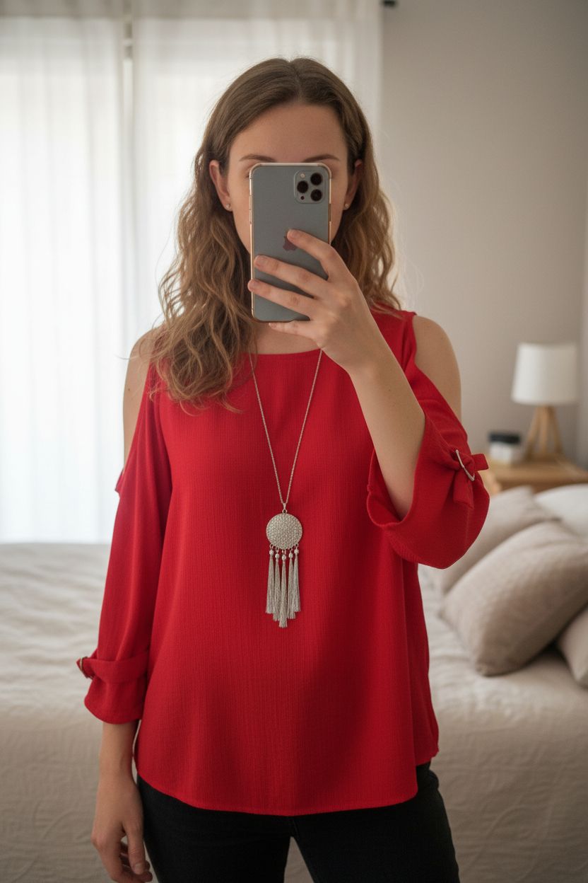 Blouse manches longues debout, face à la caméra, dans une chambre à la lumière douce, avec une lumière naturelle filtrant par la fenêtre.