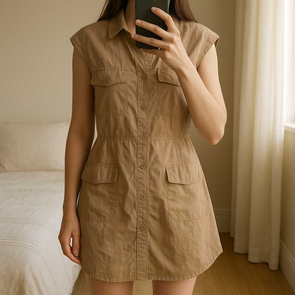 🌹 Sleeveless buttoned cami top 36/38 // Hihaton toppi standing straight facing the camera, in a softly lit bedroom setting, with gentle natural light filtering through a window.