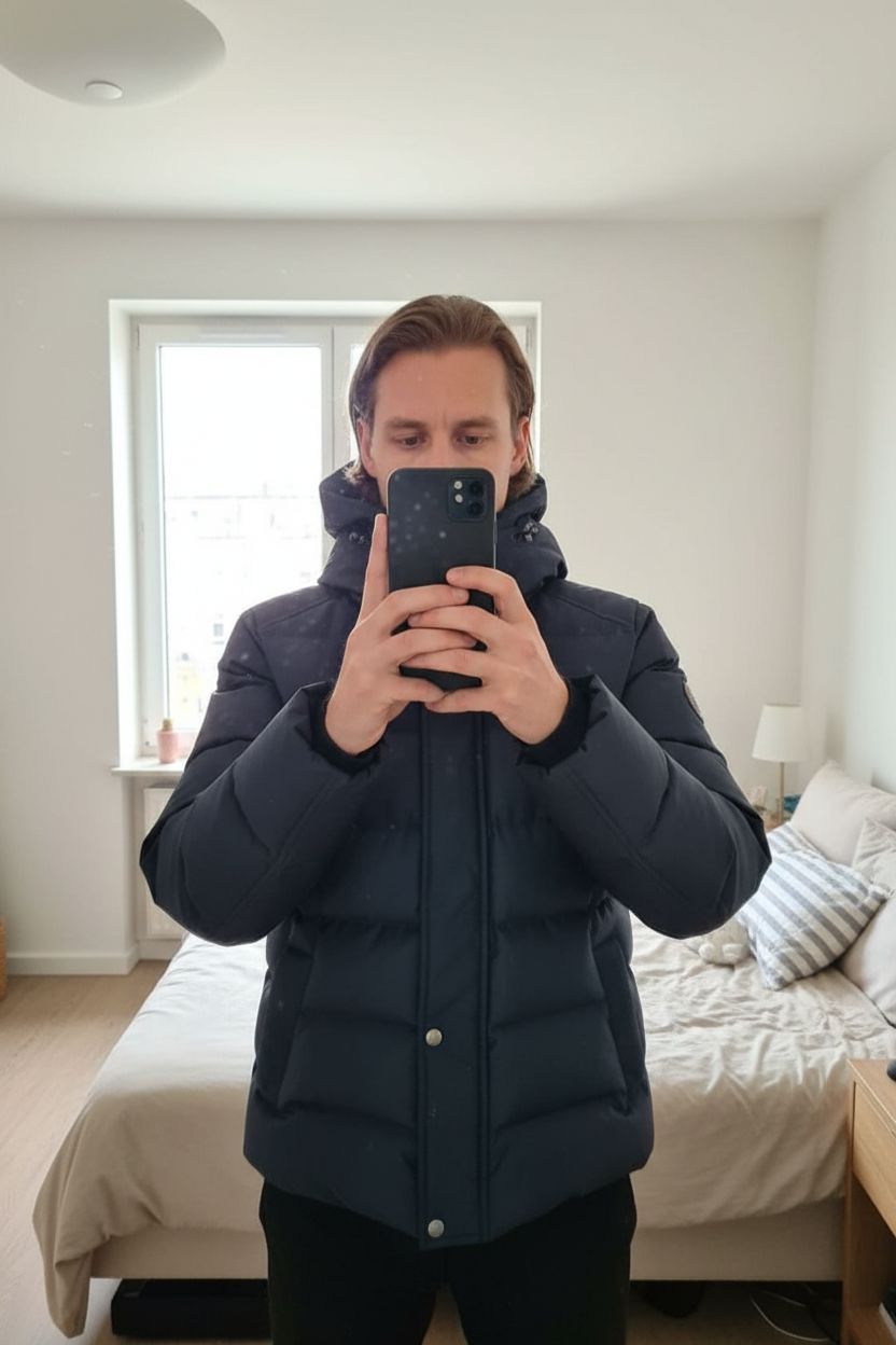 Doudoune Pyrenex bleu Marine debout, face à la caméra, dans une chambre à la lumière douce, avec une lumière naturelle filtrant par la fenêtre.