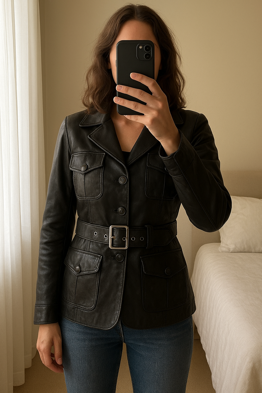 Veste noir cuir véritable🌸 debout, face à la caméra, dans une chambre à la lumière douce, avec une lumière naturelle filtrant par la fenêtre.