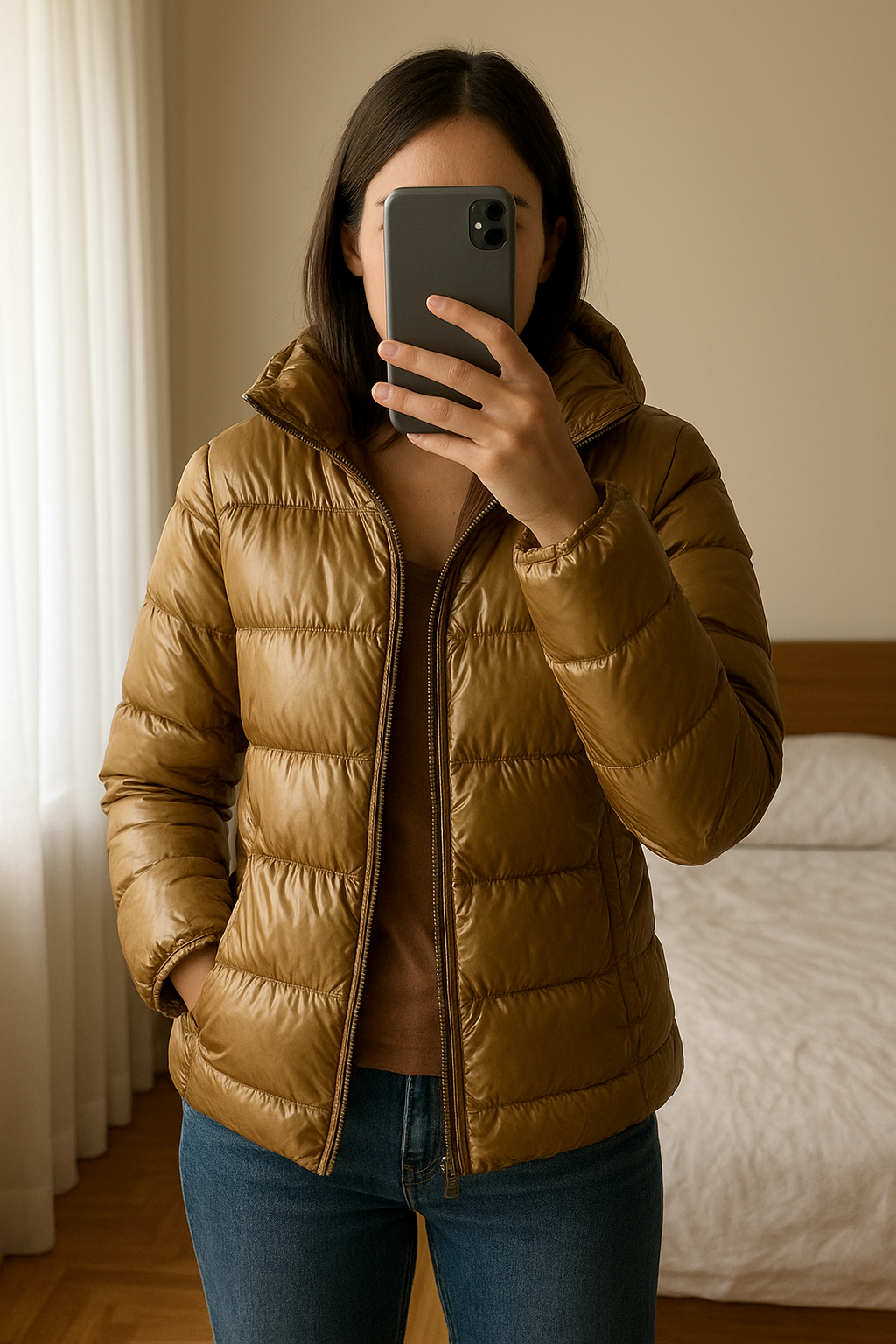 Cazadora de plumas marrón cobre de pie, mirando a la cámara, en un dormitorio con luz suave y natural filtrándose por la ventana.