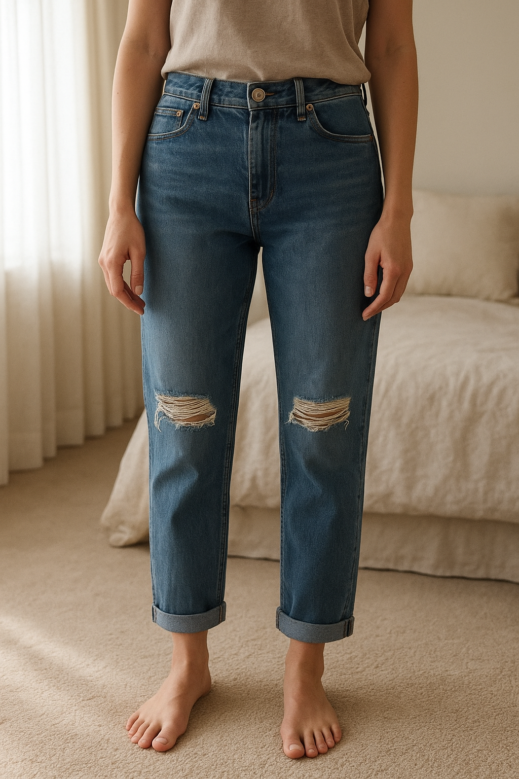 Jean Levis édition made in Japan debout, face à la caméra, dans une chambre à la lumière douce, avec une lumière naturelle filtrant par la fenêtre.