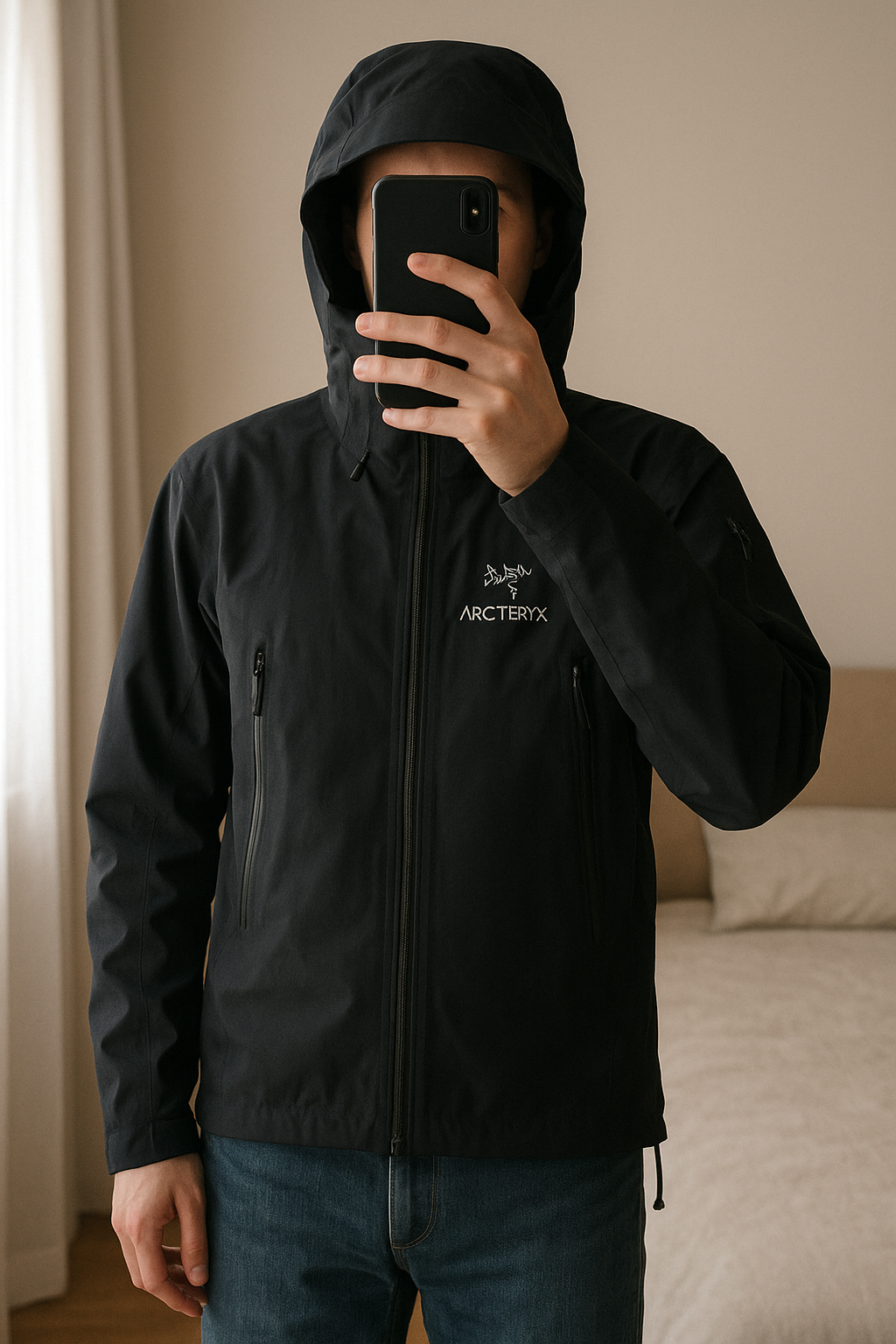 Veste Arc’teryx Beta AR – Noir (Taille S) Unisex debout, face à la caméra, dans une chambre à la lumière douce, avec une lumière naturelle filtrant par la fenêtre.