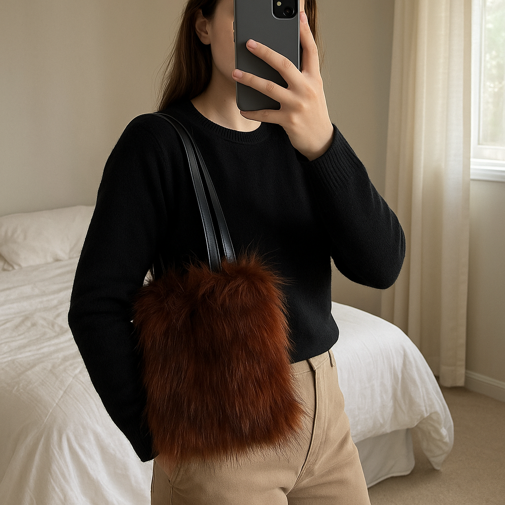 Sac à main debout, face à la caméra, dans une chambre à la lumière douce, avec une lumière naturelle filtrant par la fenêtre.