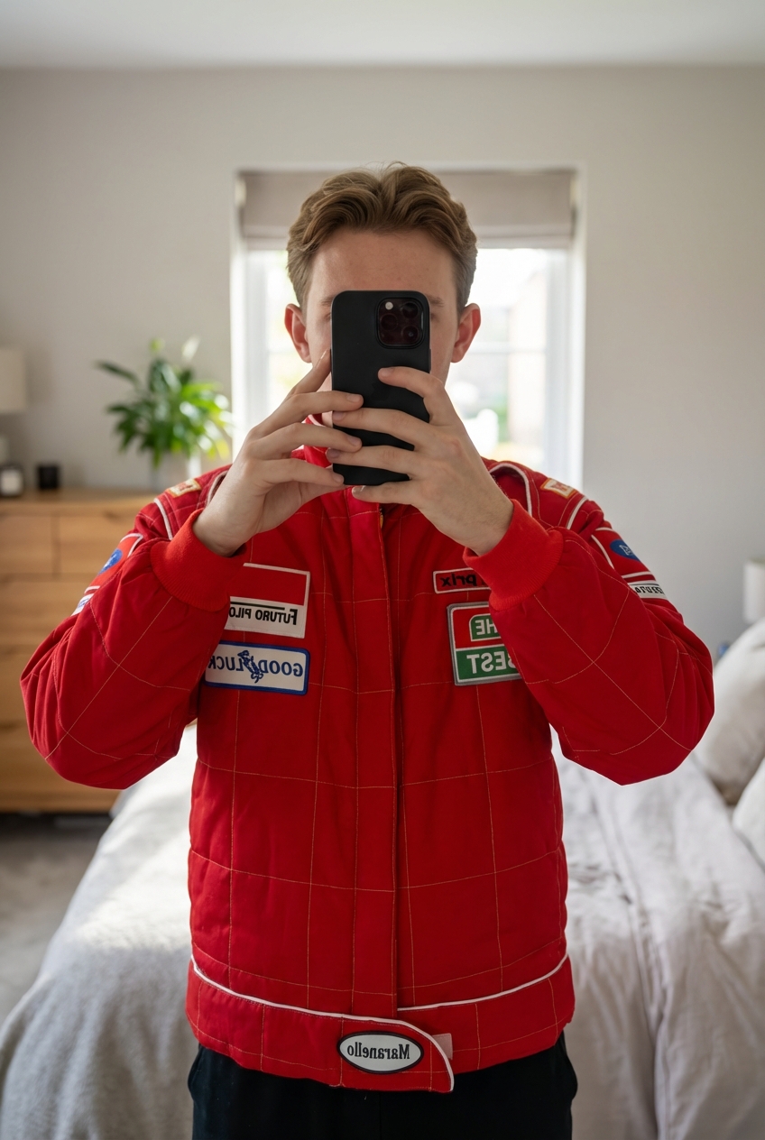 Blouson de pilote Futuro Pilota pour enfant debout, face à la caméra, dans une chambre à la lumière douce, avec une lumière naturelle filtrant par la fenêtre.