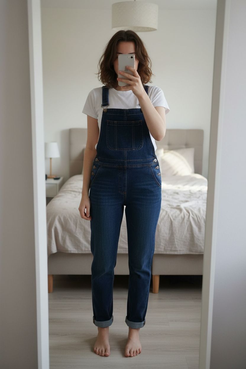 Salopette en jean debout, face à la caméra, dans une chambre à la lumière douce, avec une lumière naturelle filtrant par la fenêtre.