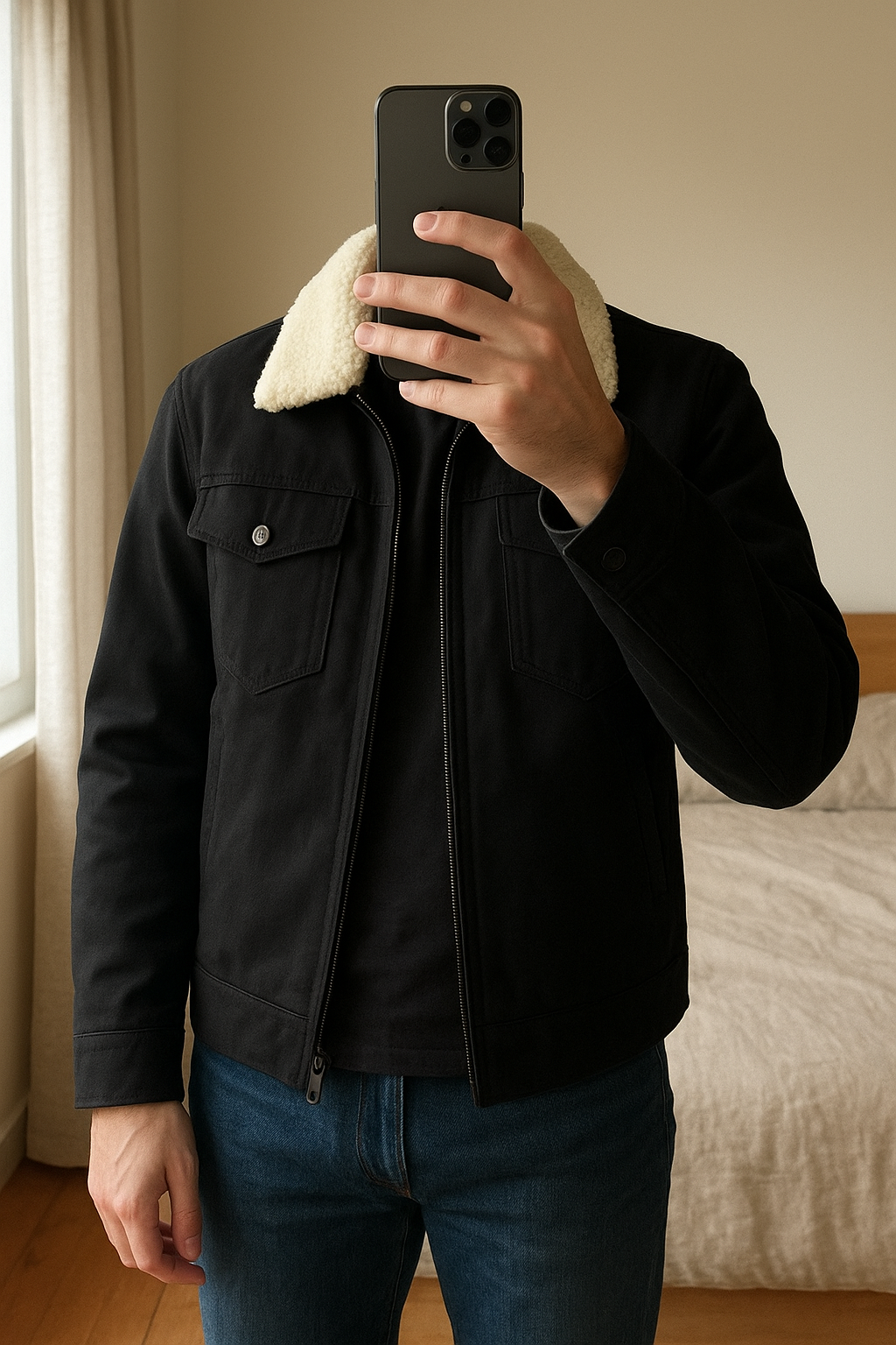 Veste Zara Homme debout, face à la caméra, dans une chambre à la lumière douce, avec une lumière naturelle filtrant par la fenêtre.