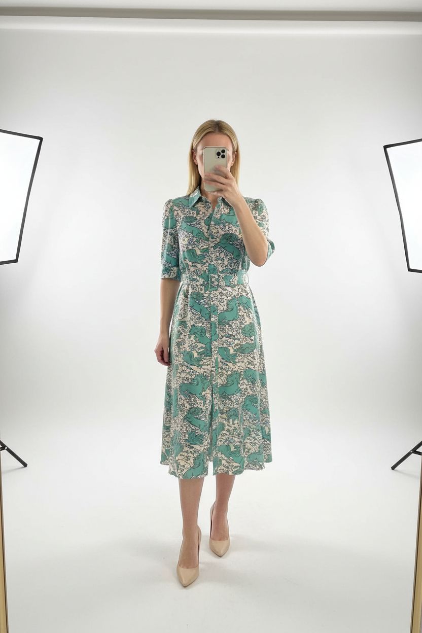 A person in LK Bennett horse print dr Valerie dress 10 white blue green standing straight facing the camera, in a clean photo studio with seamless white backdrop and softbox lighting.