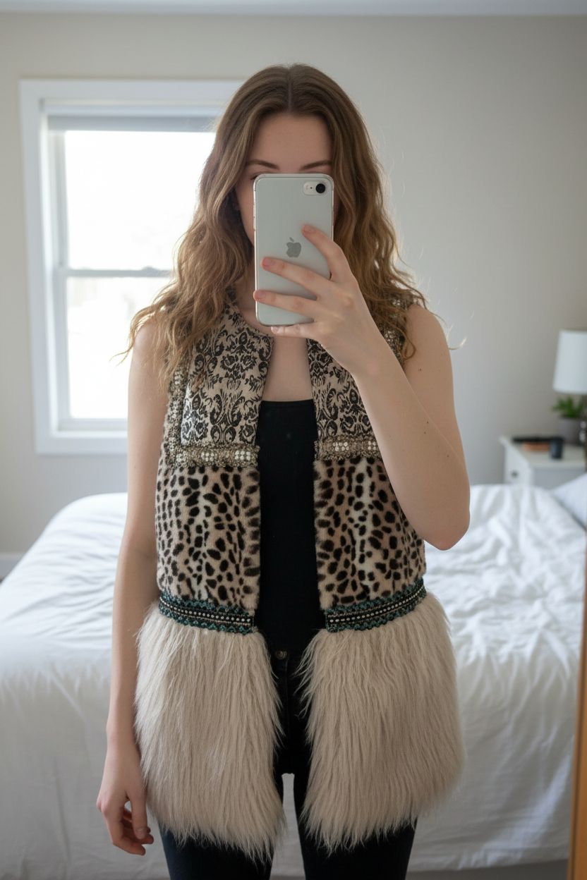 Gilet avec imprimé léopard sans manches nekane debout, face à la caméra, dans une chambre à la lumière douce, avec une lumière naturelle filtrant par la fenêtre.