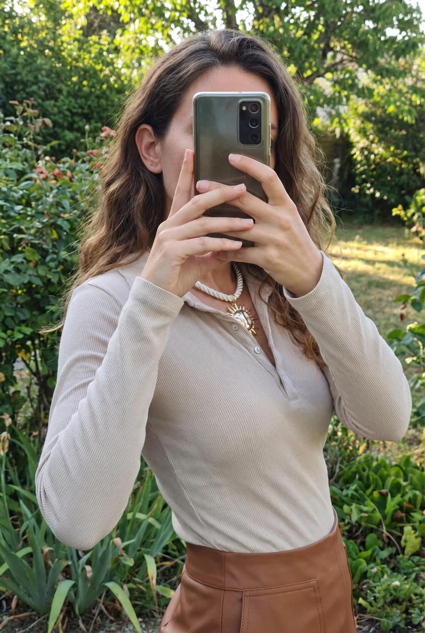 Une personne en Magnifique collier doré forme soleil – création artisanale italienne cambrant légèrement le dos pour une pose dynamique, en extérieur, dans un cadre naturel entouré de verdure et de lumière douce.