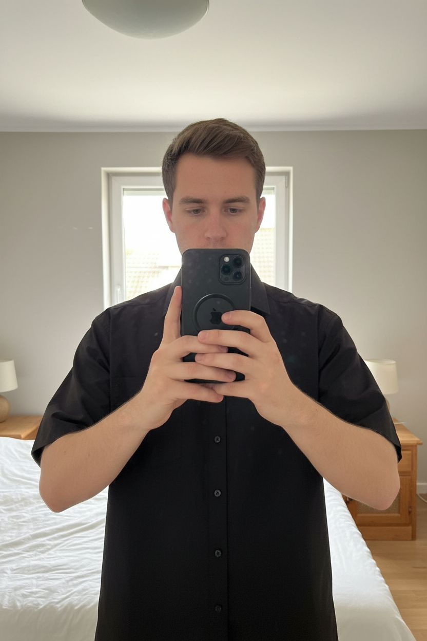 Olymp Luxor Hemd Schwarz 47 18,5" XXL Comfort fit Kurzarm aufrecht stehend, der Kamera zugewandt, in einem sanft beleuchteten Schlafzimmer, mit natürlichem Licht, das durch ein Fenster fällt.