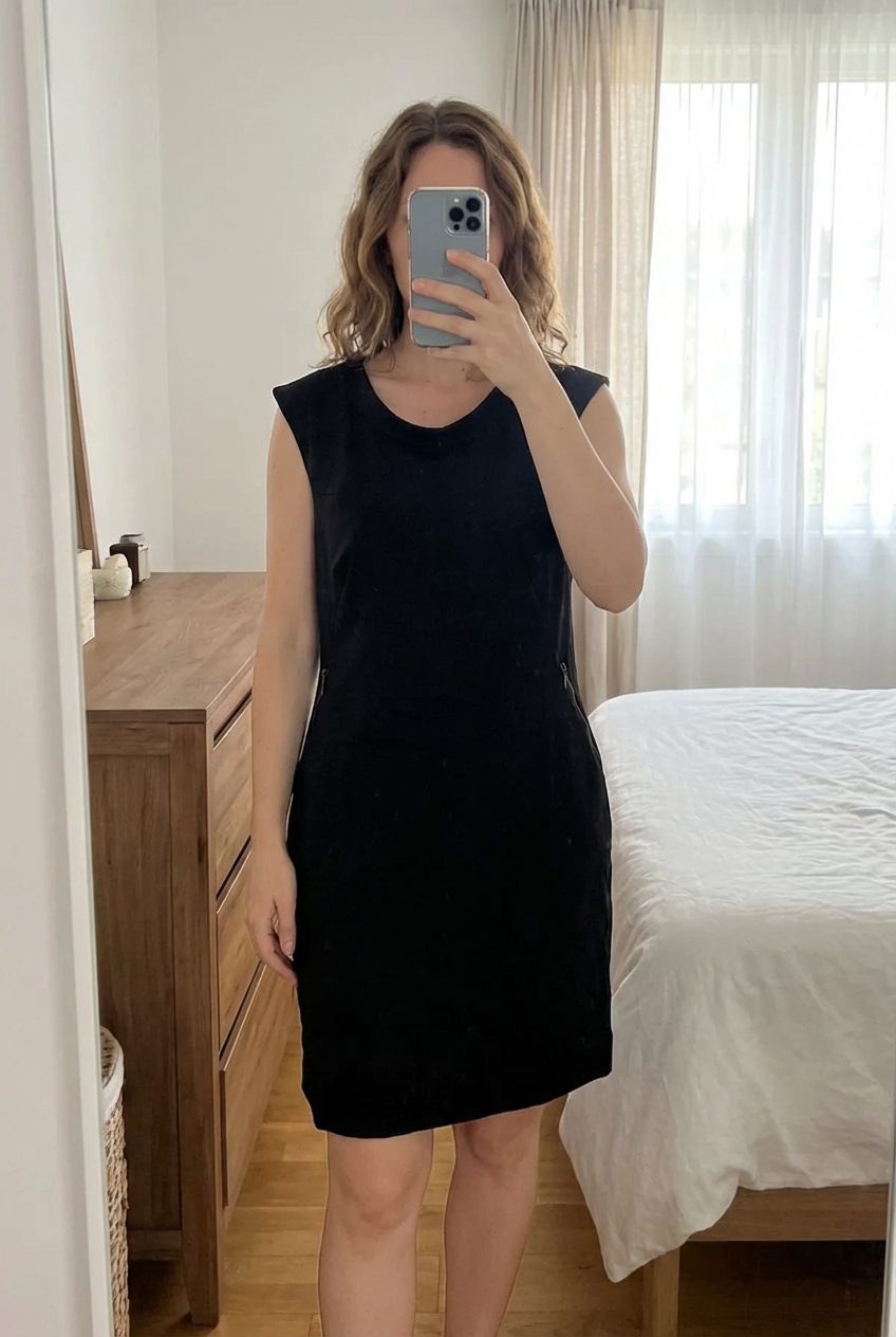 Robe habillé debout, face à la caméra, dans une chambre à la lumière douce, avec une lumière naturelle filtrant par la fenêtre.